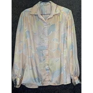 Vintage Pastel Floral Watercolor Satin Blouse Long Sleeve Hidden Button Down